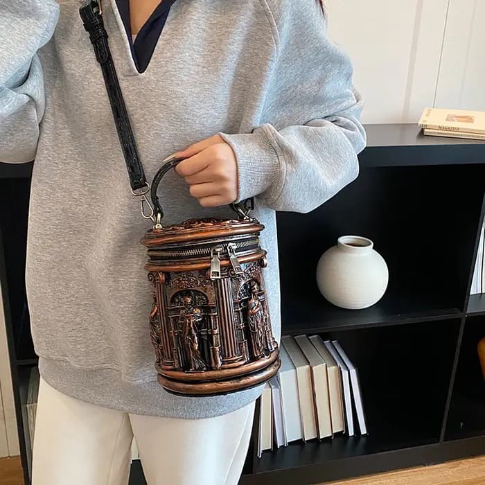 Sac seau mini vintage en PU à relief 3D pour femme