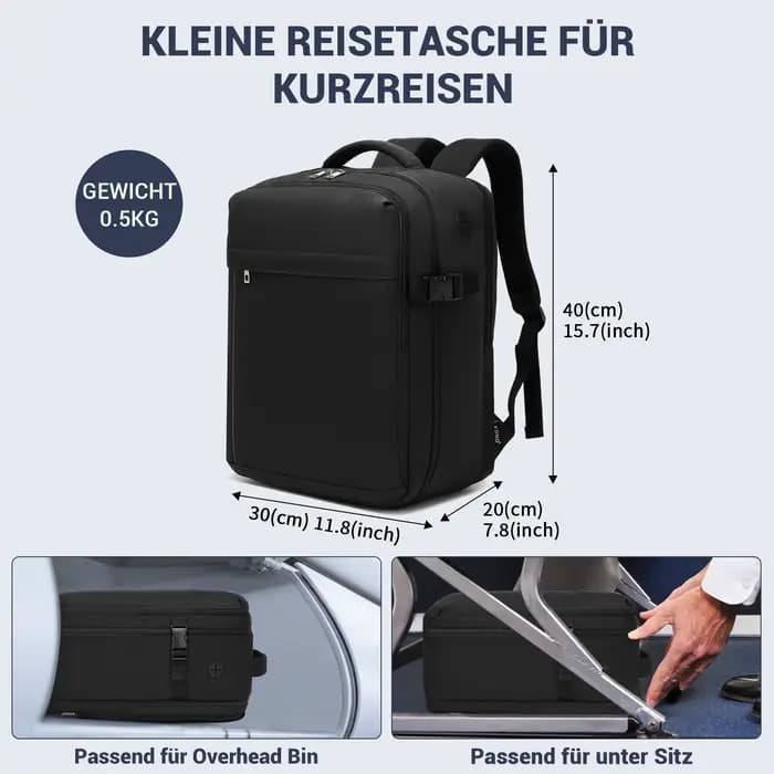Sac à dos de voyage KONO pour Ryanair & Eurowings (40x30x20 cm, 24L) - Ultra-léger avec port de char