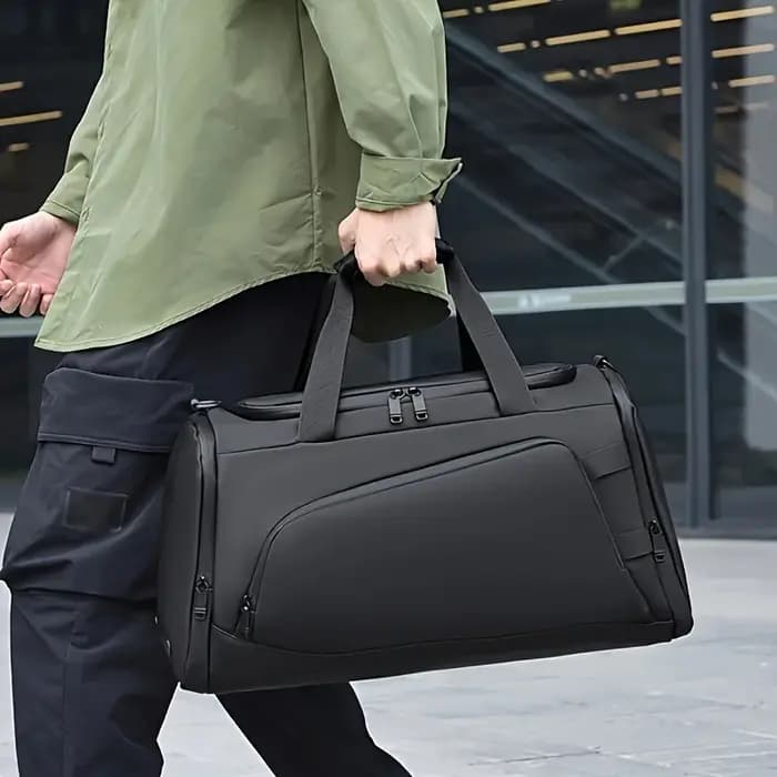 Sac de voyage pour homme en nylon avec compartiment à chaussures indépendant style décontracté pour sport et week-end universitaire bleu beige