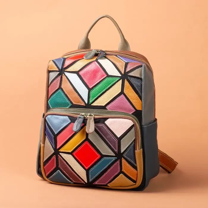 Patchwork en cuir véritable sac à dos femme Vintage