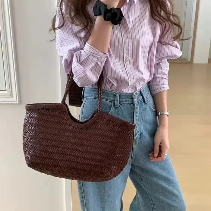 Sac fourre-tout français en cuir véritable tissé à la main