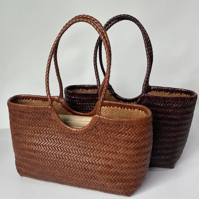 Sac fourre-tout vintage en cuir véritable tissé à la main