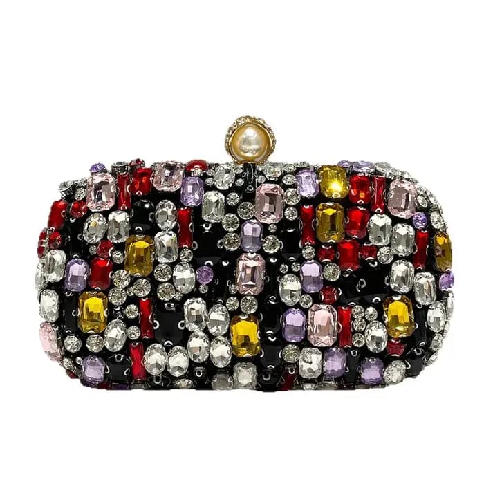 Pochette de soirée haut de gamme noire de luxe ornée de strass colorés
