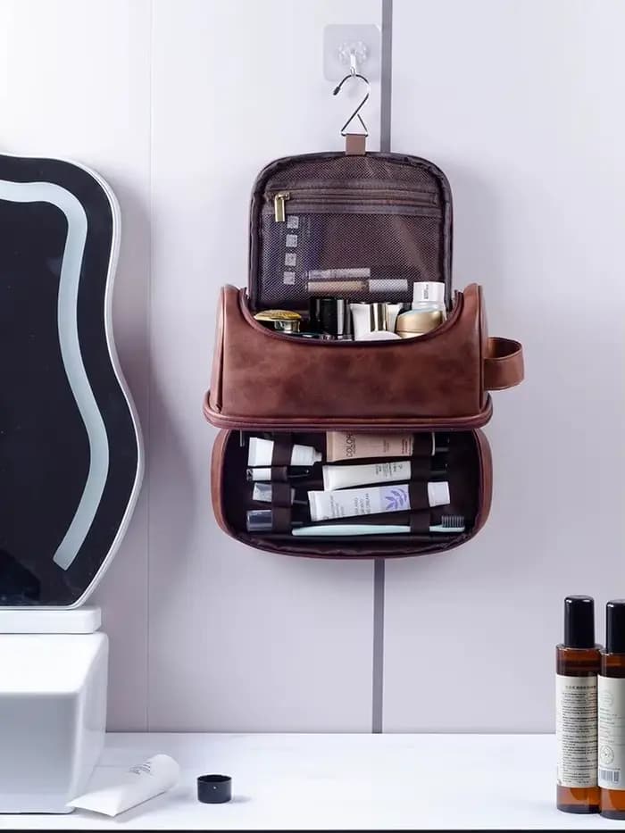 Trousse de toilette, Kit d'organisation de voyage en cuir pour hommes avec crochet de suspension