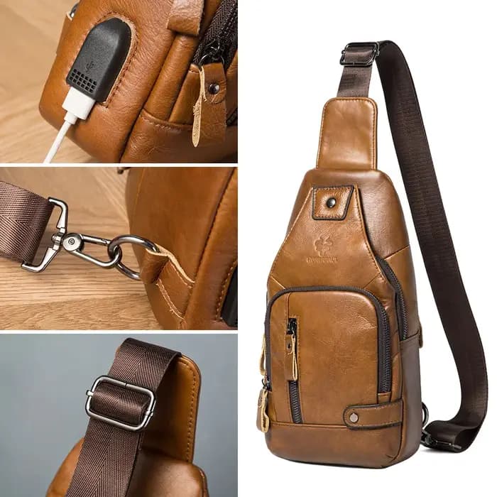HUMERPAUL-Sac de poitrine USB pour homme, 100% cuir véritable, sacs à bandoulière initiés, sac de me