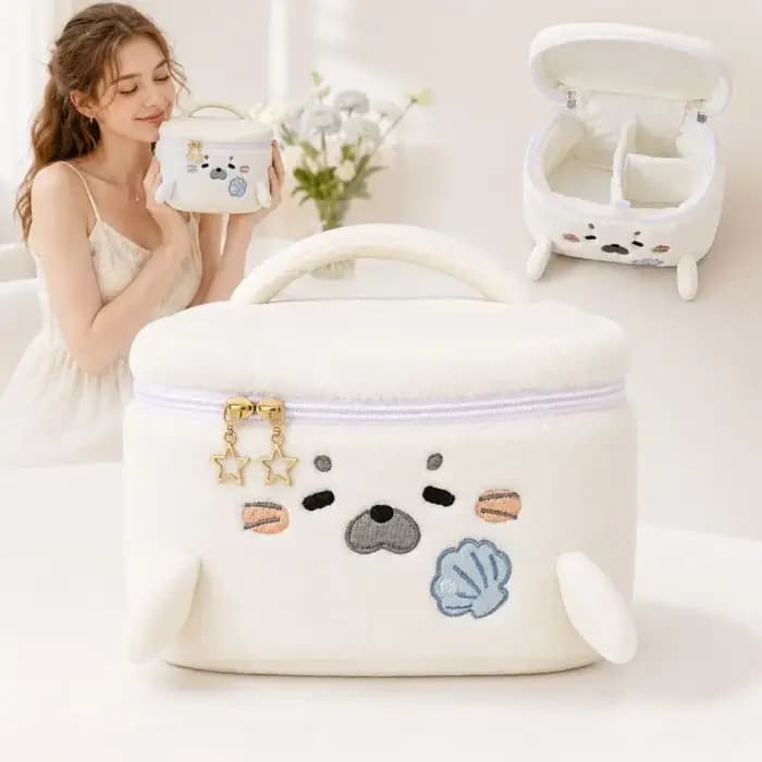 Trousse de Maquillage Grande Capacité Portable Motif Brodé en Forme de Phoque Mignon – Sac Cosmétique Multifonctionnel de Voyage