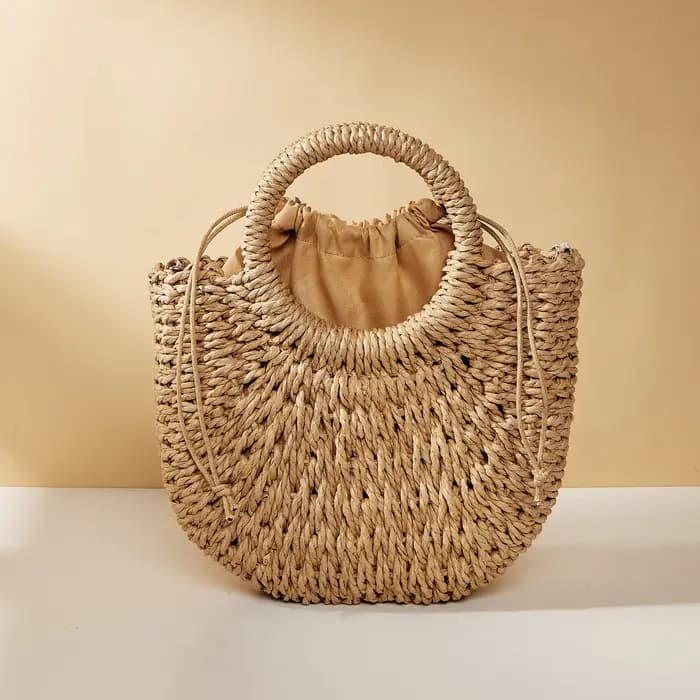 Nouveau Sac de Plage Demi-Lune en Paille et Rotin Tressé à la Main pour Femme
