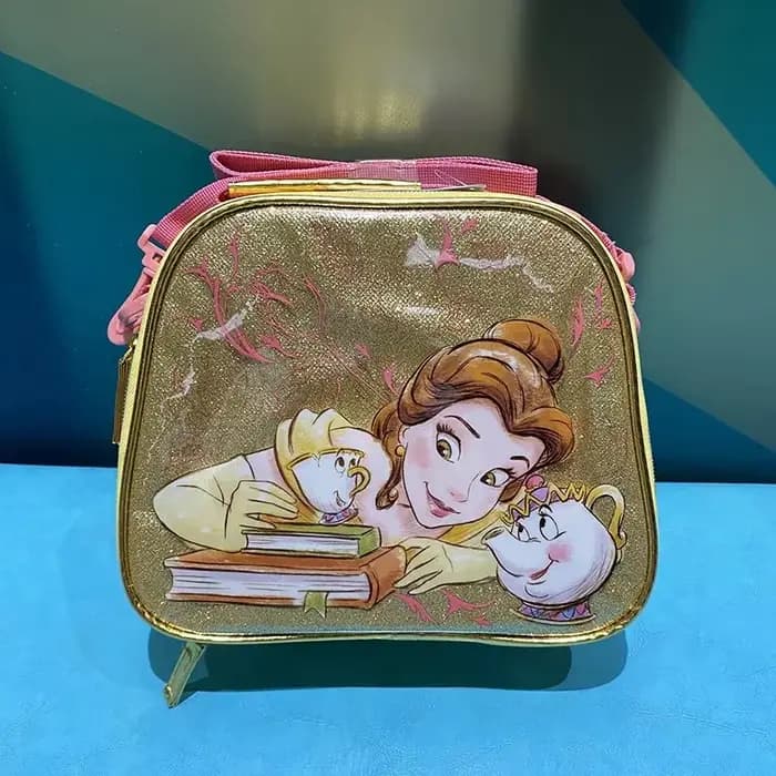 Sac à dos Belle La Belle et la Bête en stock, sac à déjeuner isotherme avec garniture dorée jaune et