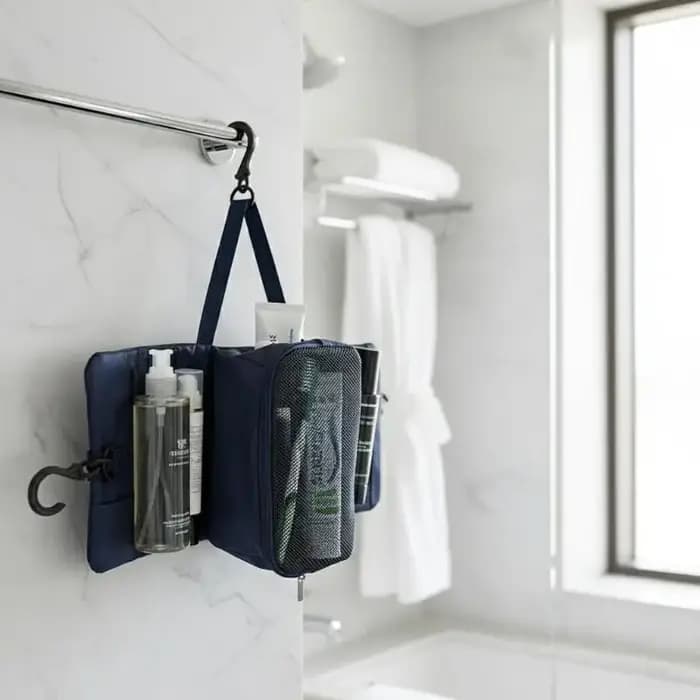 Trousse de Toilette Pliable Imperméable Style Japonais avec Crochet – Organisateur Portable pour Voyages d'Affaires