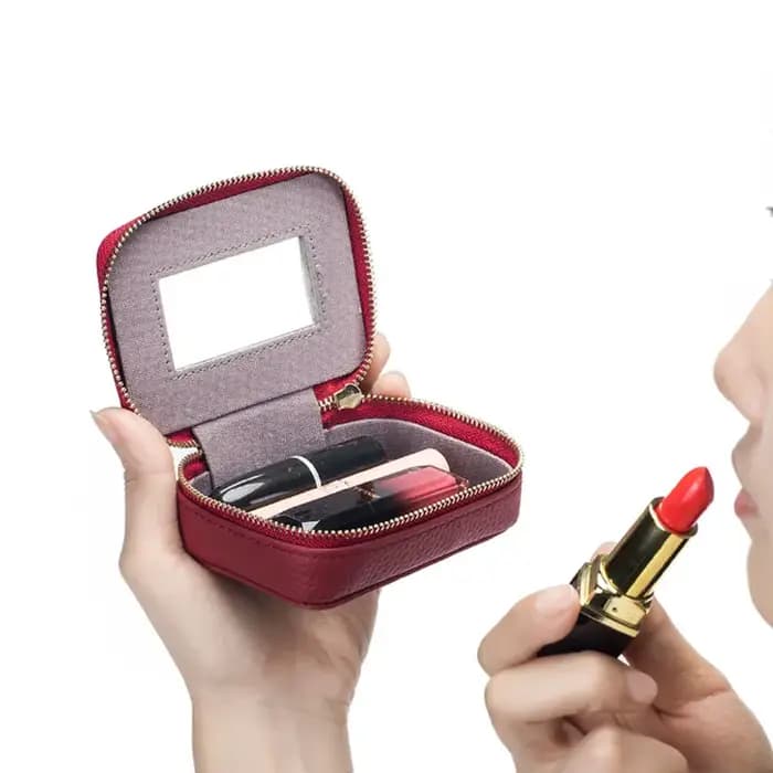 Mini sac cosmétique en cuir véritable avec tête miroir pour femme