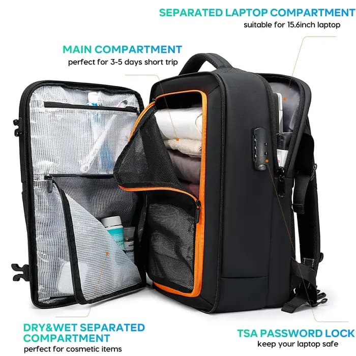 BANGE sac de cabine antivol séparation humide et sèche sac à dos de voyage pour hommes femmes bagage à main 15.6 pouces sacs à dos d'ordinateur portable pour homme
