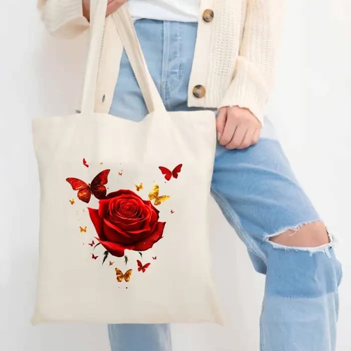 Sac à main en toile imprimé rose crème et papillon pour un usage quotidien
