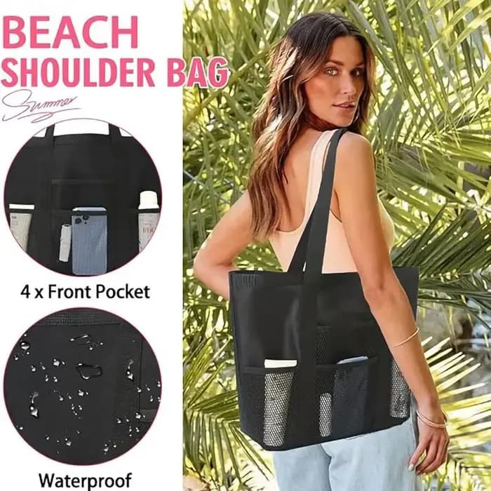 Sac de plage grande capacité en maille avec poches