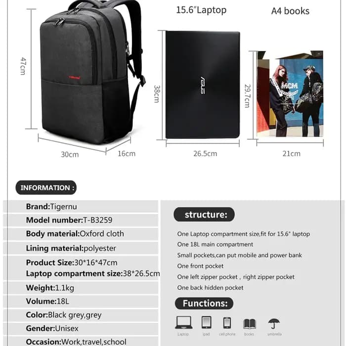 Tigernu étanche Anti-vol 15.6 pouces sac à dos pour ordinateur portable hommes mince école sac à dos