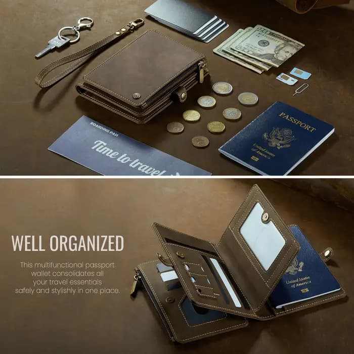 Porte-passeport multifonction rétro Caseme pour les voyages, étui à passeport avec sangle de poignet et portefeuille à fermeture éclair, haute qualité