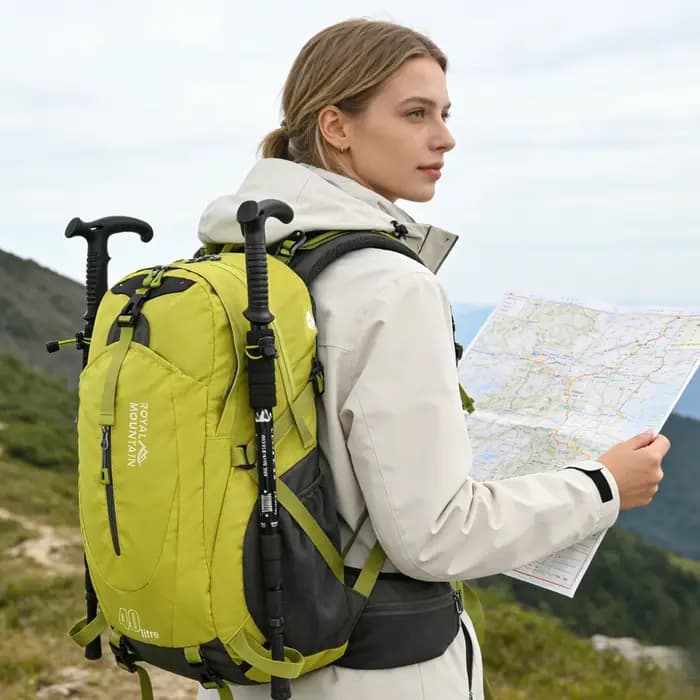 Sac à dos de randonnée en nylon résistant à l'eau 36-55L avec système de transport physiologique et poche ouverte pour marche en plein air