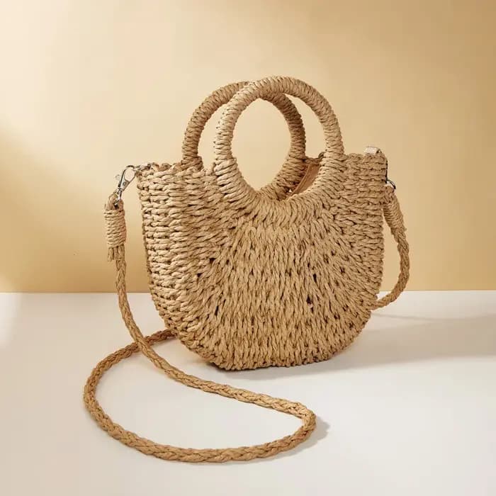 Nouveau Sac de Plage Demi-Lune en Paille et Rotin Tressé à la Main pour Femme
