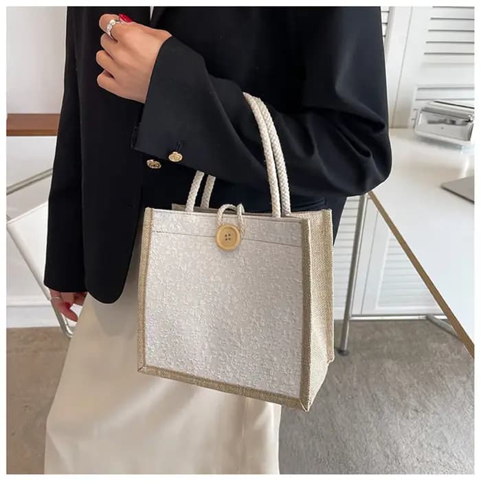 Sac à main fourre-tout en lin avec fermoir à bouton