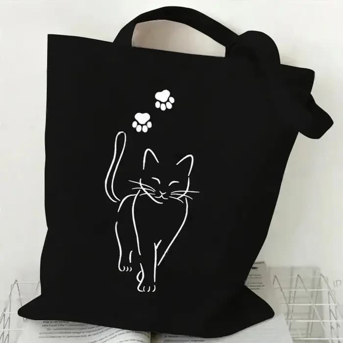 Sac fourre-tout en toile imprimé chat noir et blanc