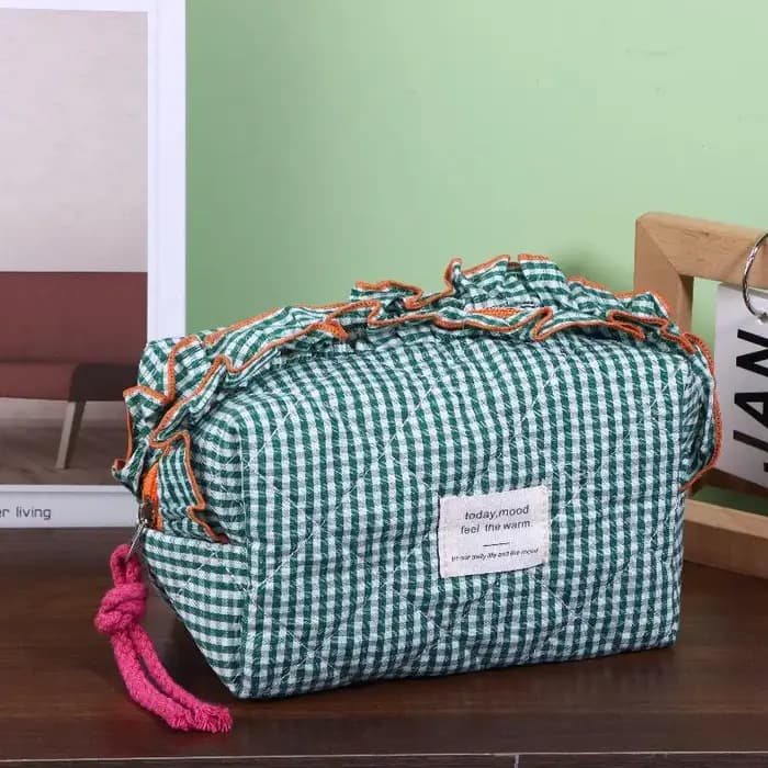 Trousse de maquillage cosmétique Vintage vichy pour femmes, avec bords à volants, organisateur de gr