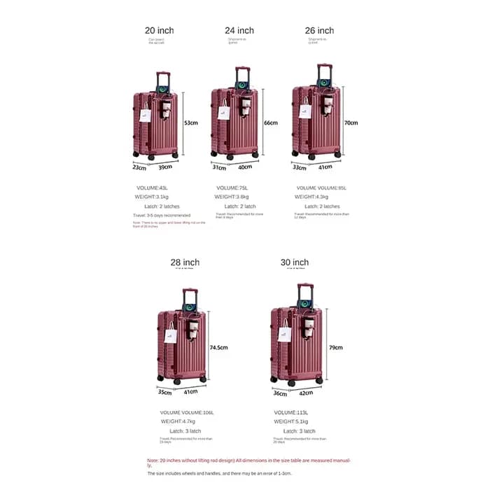 Nouveau Bagage de grande capacité avec porte-gobelet valise 20/24 pouces cadre en aluminium boîte de sécurité 26/28/30