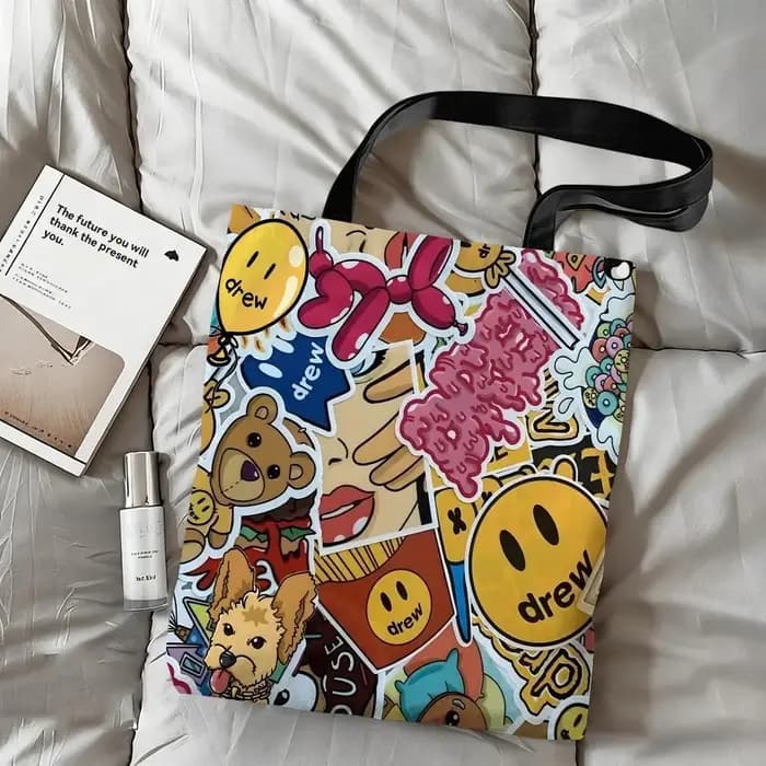Sac à bandoulière en toile grande capacité motif dessin animé Mushroom Head Drew House - Sac fourre-tout décontracté polyvalent pour femme