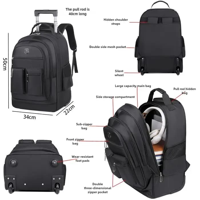 Sac à dos de voyage de grande capacité avec roulettes pour hommes