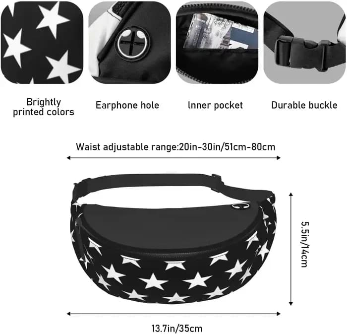 Star Noir et Blanc Fanny Packs pour Femmes Hommes Taille Réglable Sac Bandoulière