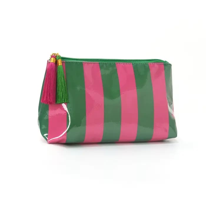 Pochette à maquillage brillante en PU avec fermeture éclair et pompon. Sac de voyage portable multi-couleurs à rayures