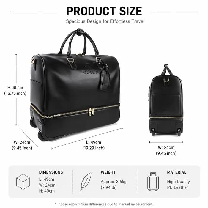 Sac de voyage à roulettes en cuir véritable noir de 19 pouces