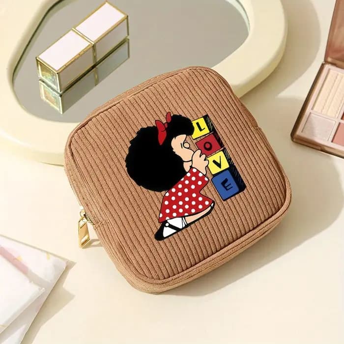 【Trousse à cosmétiques en velours côtelé】 1 pièce Cube sac de maquillage-MAFALDA motif de dessin animé petit sac de