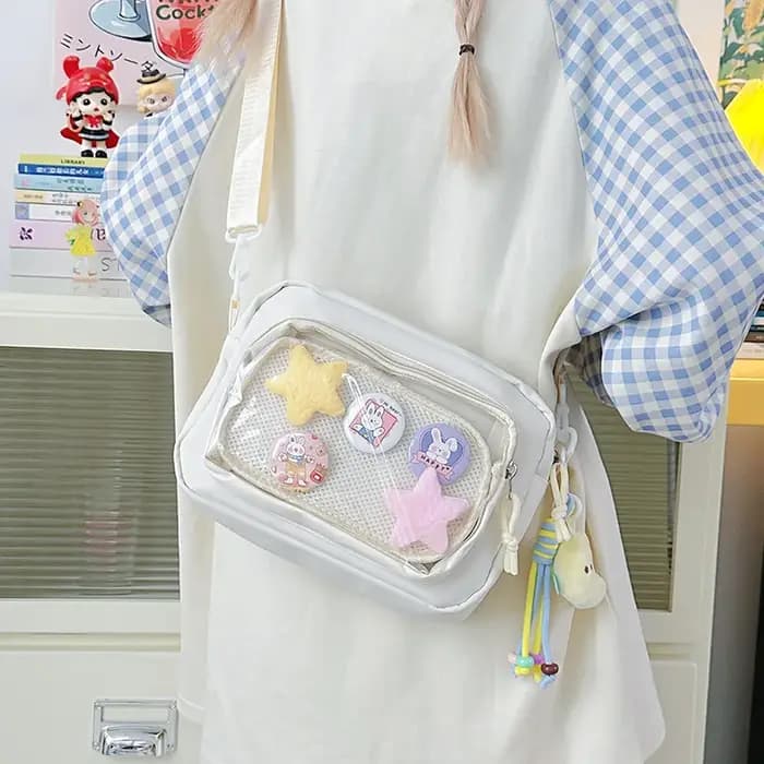 Sac bandoulière carré en nylon blanc laiteux transparent avec pendentif lune