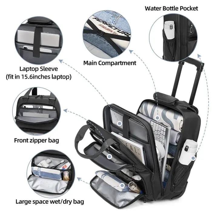 Sac à dos de voyage à roulettes pour homme, sac à dos imperméable sur roulettes, bagages à roulettes pour l'embarquement.