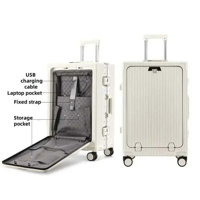 Valise à cadre en alliage d'aluminium, poche d'ouverture avant avec prise de chargement USB, sac de