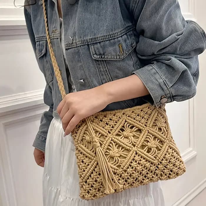 Sac à bandoulière tissé à la main pour femme de style bohème - Sac de plage d'été avec fermeture éclair