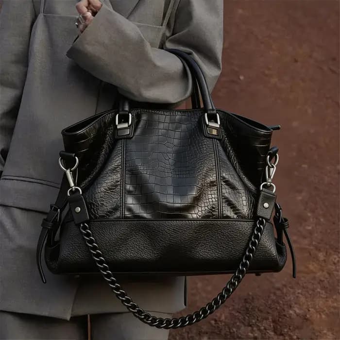 Sac à bandoulière en cuir PU vintage à texture croco, grand sac fourre-tout pour femme, sac à main avec chaîne décorative pour le travail et les trajets quotidiens