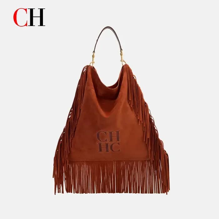Sac Hobo en Daim Vintage Western CH pour Femme avec Lettres Gaufrées et Grandes Franges – Sac à Band