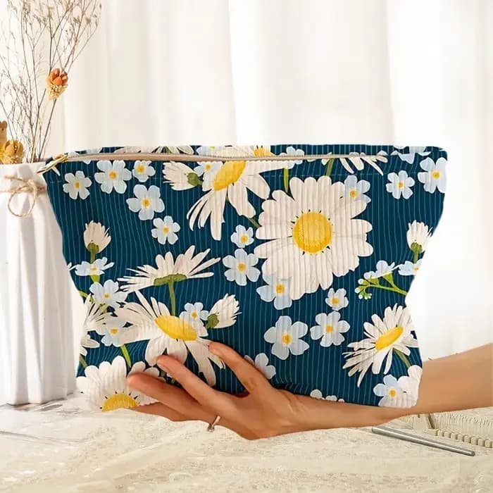 Sac à cosmétiques léger à fermeture éclair imprimé Floral jaune