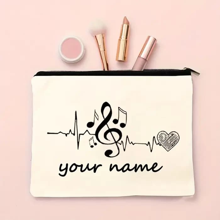Trousse de maquillage personnalisée - Nom personnalisé avec notes musicales et motif cœur