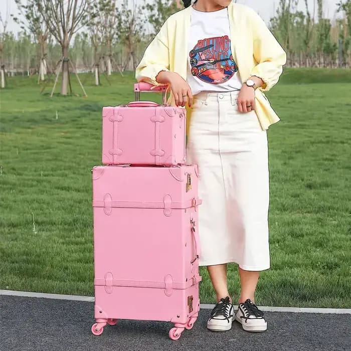 Valise à roulettes en cuir PU rétro pour filles