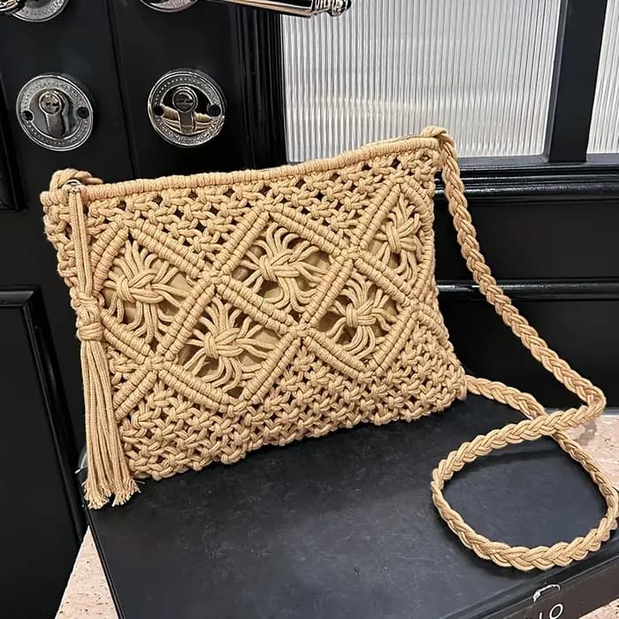 Sac à bandoulière tissé à la main pour femme de style bohème - Sac de plage d'été avec fermeture éclair