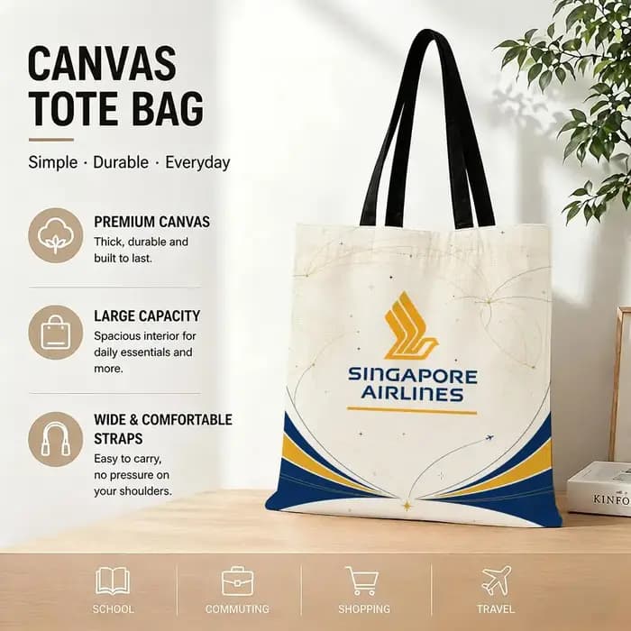 Sac de rangement en toile de la compagnie aérienne Singapore Airlines, adapté pour le travail, l'école et les trajets quotidiens, sac de courses réutilisable.