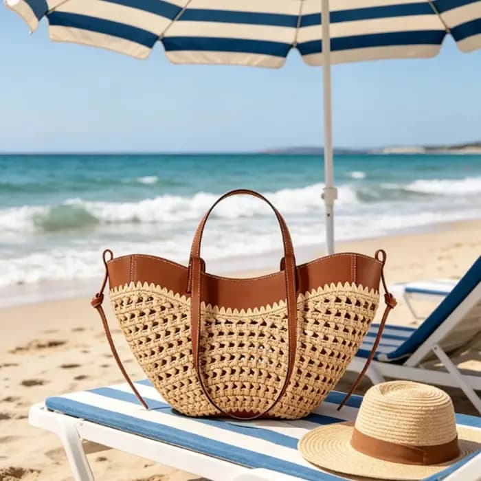 Sac fourre-tout léger en raphia et cuir PU ajouré