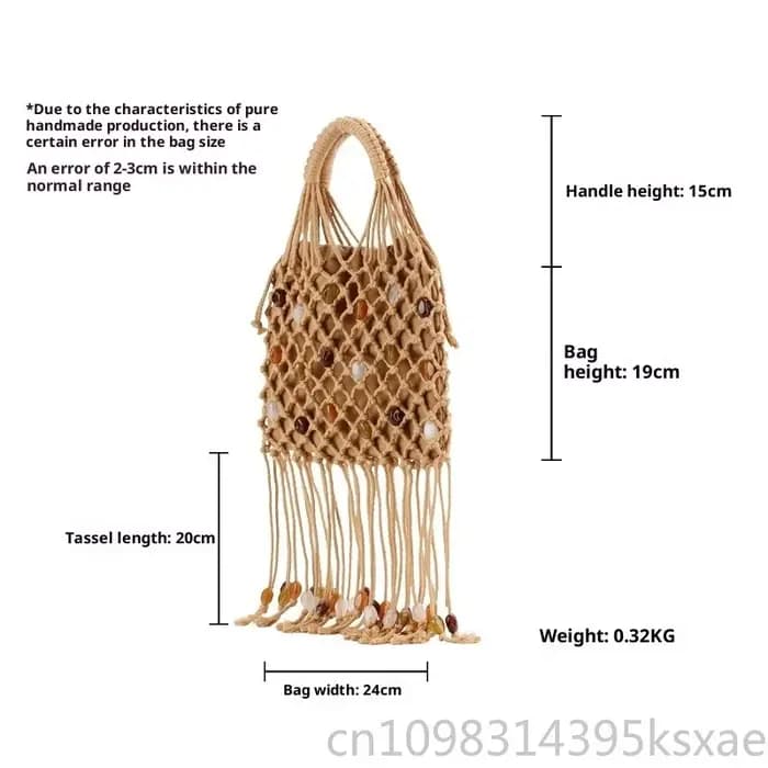 Sac fourre-tout tressé fait main pour femme avec franges à pampilles et détails perlés, style bohème, pour l'été, la plage et le quotidien