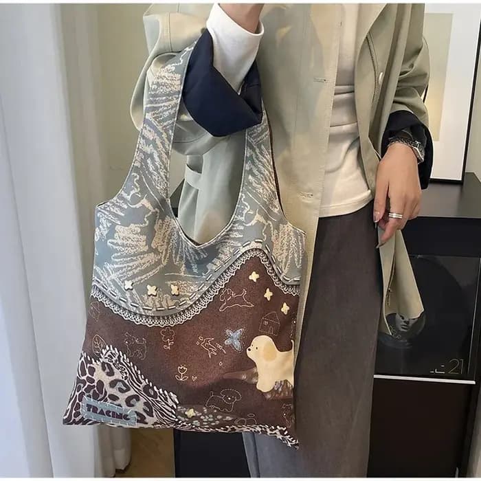 Sac fourre-tout rétro imprimé léopard, sac en toile imprimé chiot créatif, sac à bandoulière élégant