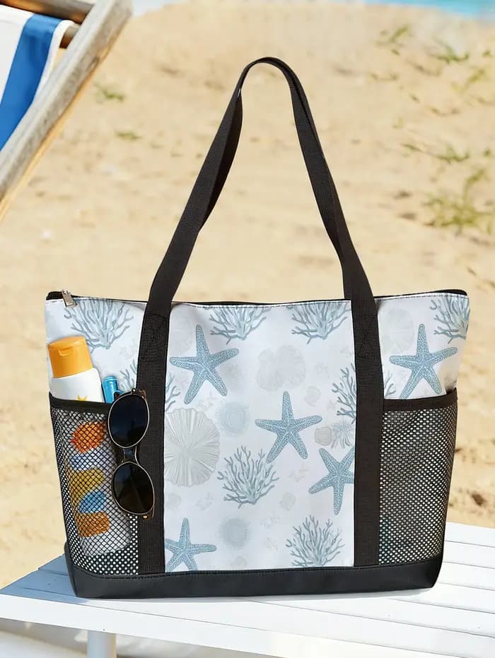 Grand sac de plage à imprimé corail et étoile de mer