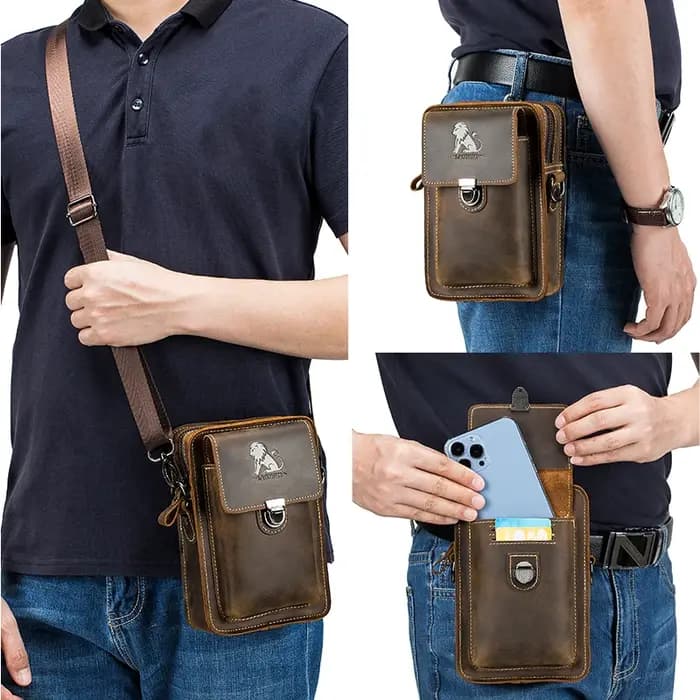 Crazy Horse peau hommes portant ceinture téléphone taille sac couche supérieure