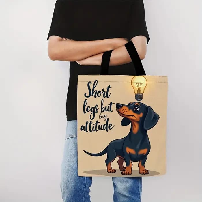 Sac fourre-tout amusant en polyester durable à grande capacité avec motif de dessin animé Teckel « Jambes courtes
