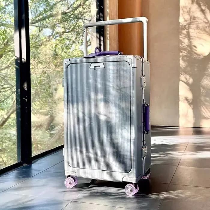 Bagage à ouverture avant avec cadre en aluminium, roue de patinage sur glace, valise en cuir, valise