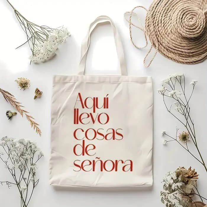 Sac fourre-tout en toile imprimé motif « Aici je porte des choses de femme », idéal pour un usage qu